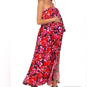 NWT Emily Wonder Strapless Floral Maxi Double Slit Flounce Sash Belt Waist